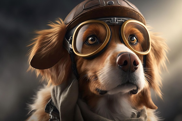 Симпатичная собака в пилотской кепке и очках позирует перед самолетом, созданным с помощью генеративного ИИ