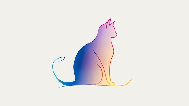 고양이의 간단하고 우아한 선 그림 고양이가 편안한 자세로 앉아 있고 얼굴에 진정된 표정이 있습니다.