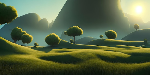 Фото Простая пейзажная иллюстрация, зеленое поле и деревья и яркое небо на заднем плане