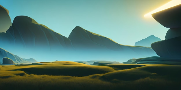 Фото Простая пейзажная иллюстрация, поле, горы и яркое небо