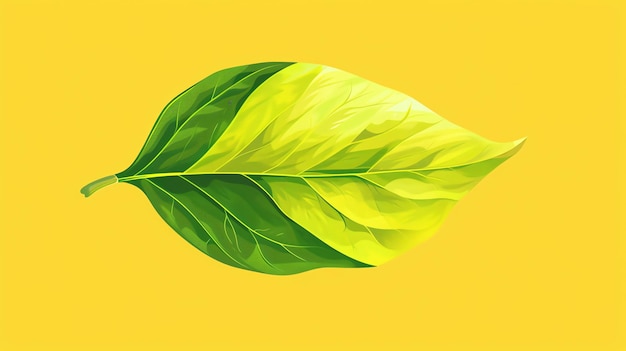 Photo a single green leaf with yellowing edges against a yellow background