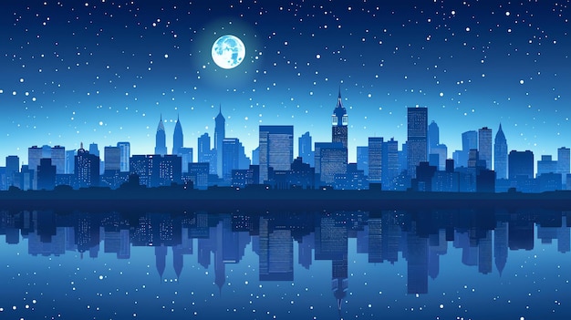 Photo silhouette of a modern city skyline reflected in a calm body of water under a starry night sky with a full moon