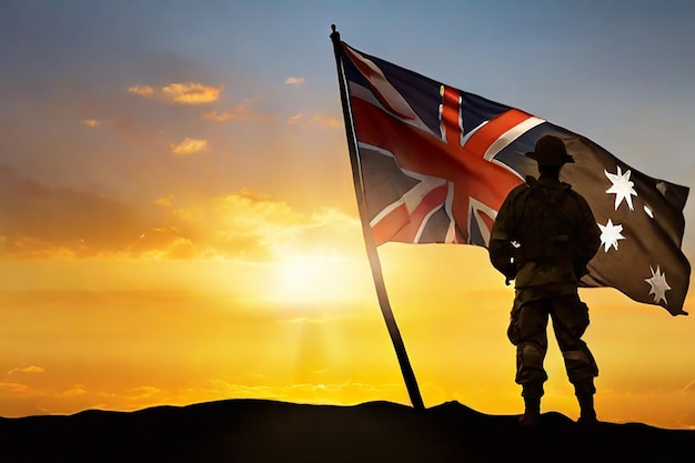 Силуэт австралийского солдата с перевернутыми руками на золотом восходе солнца кресты и австралийский флаг