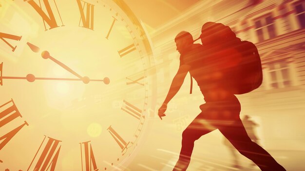 Photo silhouetted person with backpack against clock background time traveller