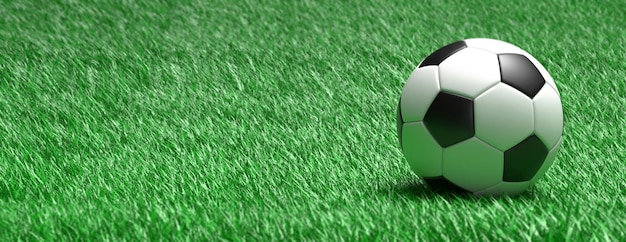 Фото Футбольный мяч футбол крупным планом вид зеленая трава поле фон 3d иллюстрация