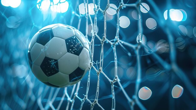 Foto palla da calcio in porta con rete e sfondo verde questa foto può essere usata per il calcio