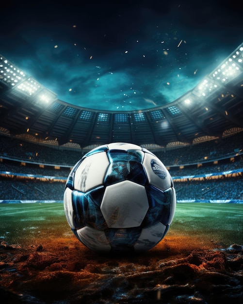 Фото Футбольный мяч на темном фоне стадиона на траве