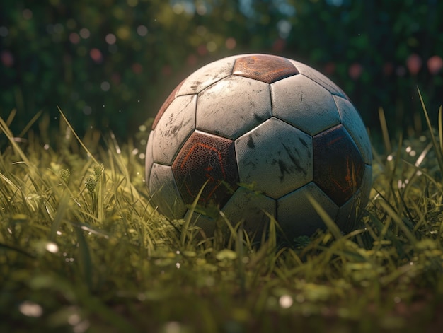 Фото Футбольный мяч на зеленой траве, созданный с помощью генеративной технологии ии