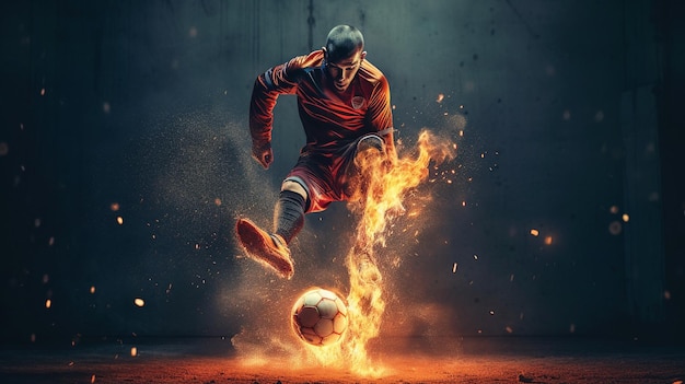 Фото Футболист в действии на темном фоне с огнегенеративным ии