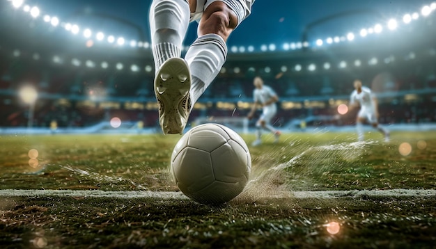 Фото Футболист пинает мяч ногой.