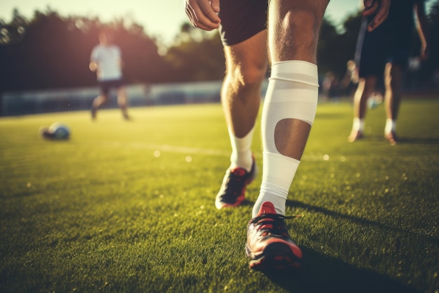 Foto un giocatore di calcio con una benda sulla gamba adatto per lesioni sportive o recupero concetti correlati