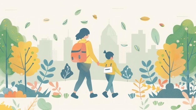 사진 social illustration a child and his mother go to kindergarten depicted in a modern minimalist style