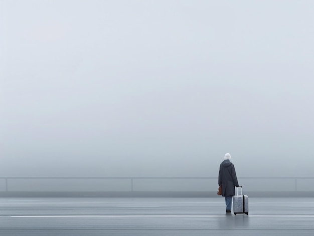 Фото Одинокий путешественник с багажем, стоящий на туманной дороге в зимней одежде