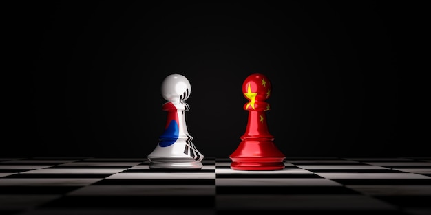 Фото Печать экрана флага южной кореи и китая, чтобы заложить шахматы на шахматной доске для делового экономического союза или отношений партнерства и концепции военного военного конфликта с помощью 3d рендеринга