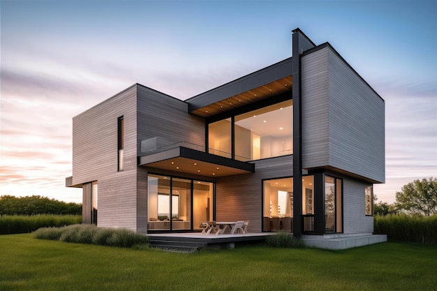 Современный дом в Кейп-Код с гладкими внешними элементами минималистского дизайна и большими окнами.