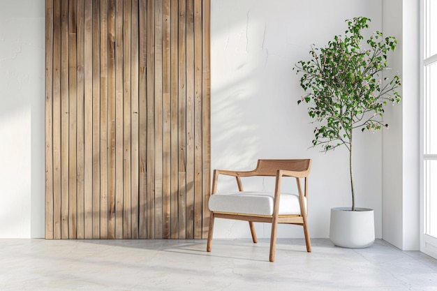 Современный минималистский интерьер комнаты деревянный стул и деревянная панель на стене все в белых тонах с естественной древесинойAI Generative