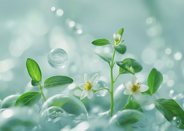Фото Маленький белый цветок с зелеными листьями и каплями воды на нем, расположенный на размытом фоне