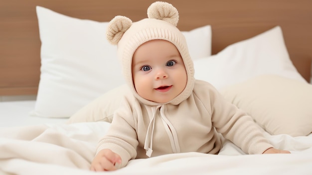 Photo small beautiful child in beige clothes on the bed