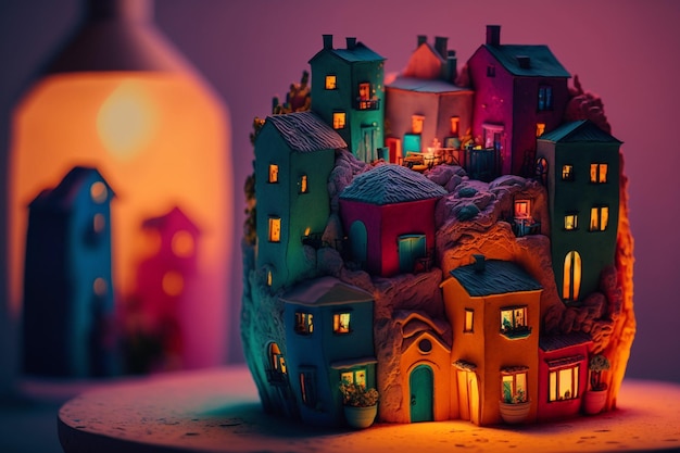 Маленькая модель городка с освещенным домом наверху.