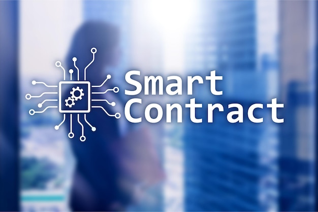 Smart contract blockchain technology in business finance hitech concept Skyscrapers background