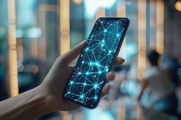 Photo smartphone on hand with network dots technology created with generative ai