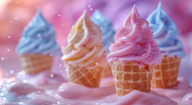 Смесь различных красочных сливочных мороженого в брызги молока на розовом фонеMacroAI Generative