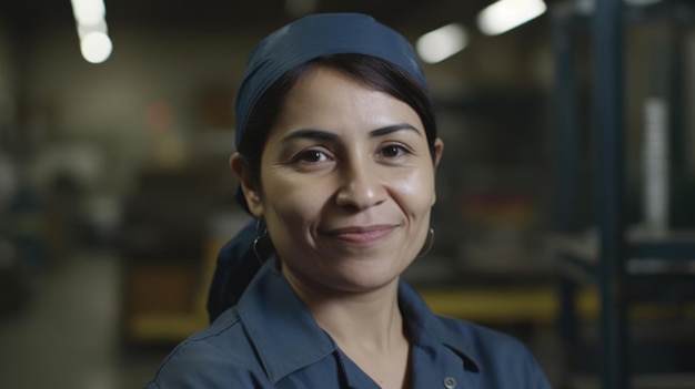 A smiling Hispanic female electronic factory worker standing in factory