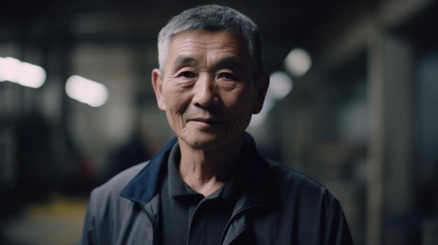 Улыбающийся старший китайский рабочий электронной фабрики, стоящий на фабрике