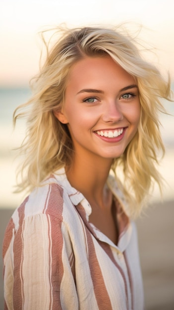 Photo a smiling woman with blonde hair and a pink and white striped shirt