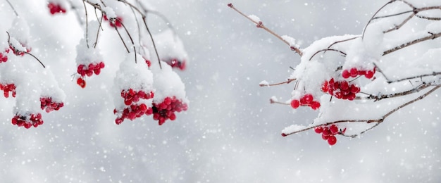 Snowcovered red viburnum berries on a tree during a snowfall