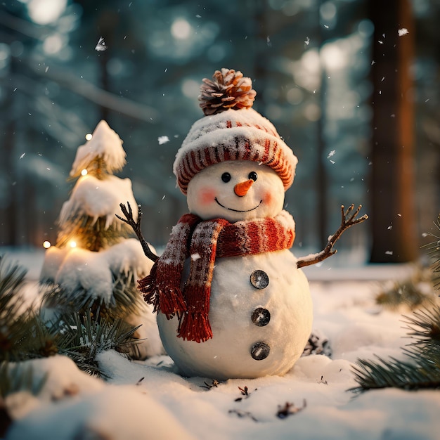 Снежный человек в зимней рождественской сцене со снежными соснами и теплым светом Генеративный ИИ