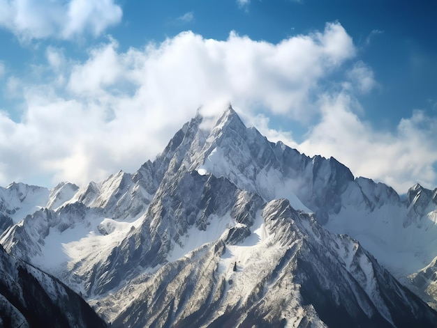 A snowy mountain with a blue sky and clouds in the background.