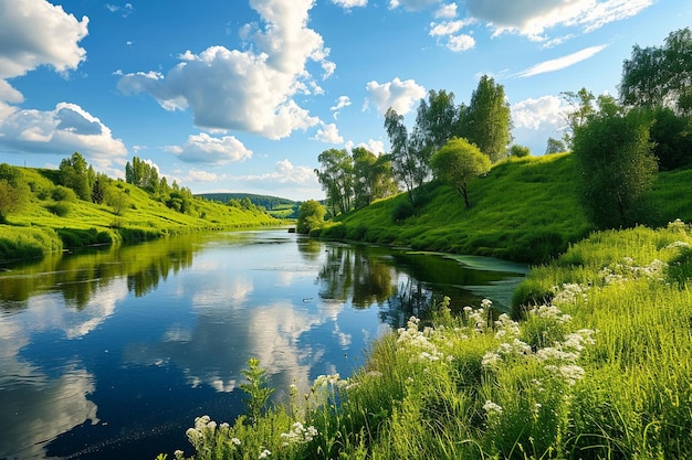 Фото Весенний пейзаж с зелеными полевыми деревьями возле реки и живописное голубое небо с белыми облаками