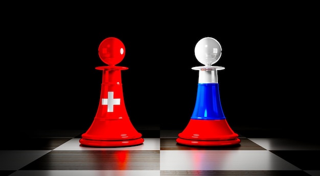 Фото Шахматные пешки в отношениях швейцарии и россии с национальными флагами 3d иллюстрация