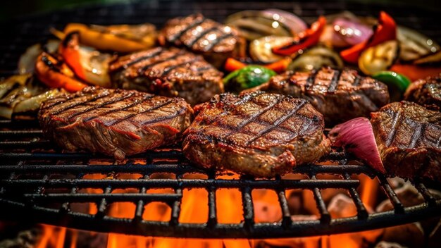 Photo steak cooking on fire with vegetables bbq grill with flames cooking juicy delicious beef meat