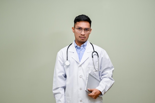 Foto stressato medico maschio asiatico sta tenendo il suo tablet in piedi su uno sfondo isolato