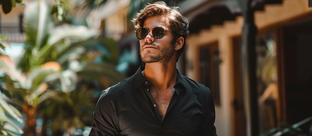 Фото Стильный мужчина в черной рубашке и солнцезащитных очках