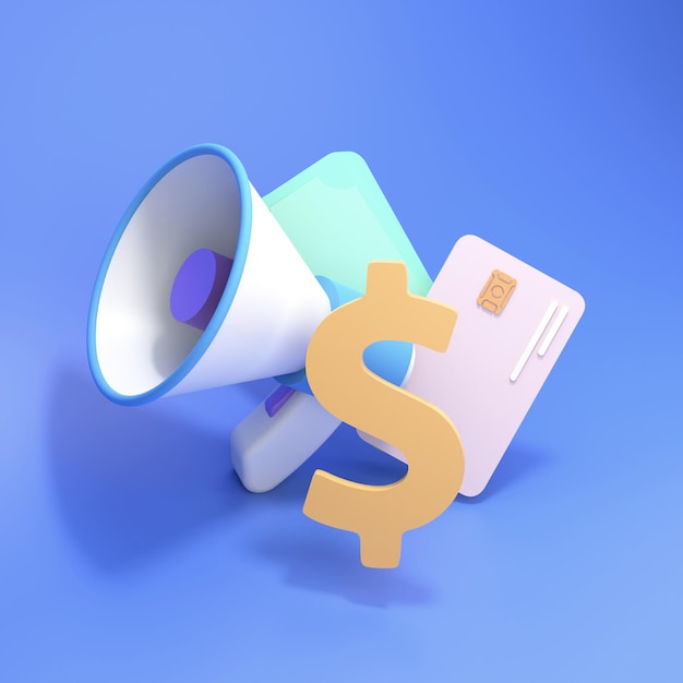 Stylish bullhorn with money and a bank card on a blue background. Financial well-being concept. 3d render illustration.