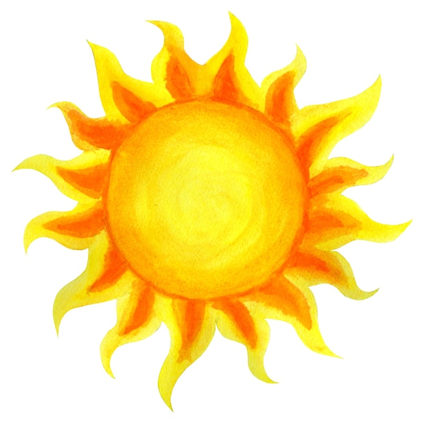Фото Солнце мультфильм акварель детские иллюстрации солнца, нарисованные вручную, изолированные на белом