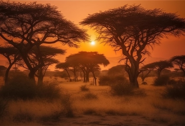 восход солнца на африканском пейзаже в светло-красных и светло-янтарных тонах