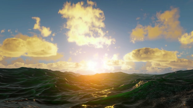 Sunset in sea sun in waves of ocean Fantastic sunset in summer on sea sun melts in the waves Clouds in rays of sun are reflected in the water 3d render