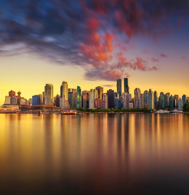 Photo sunset skyline of vancouver downtown from stanley park