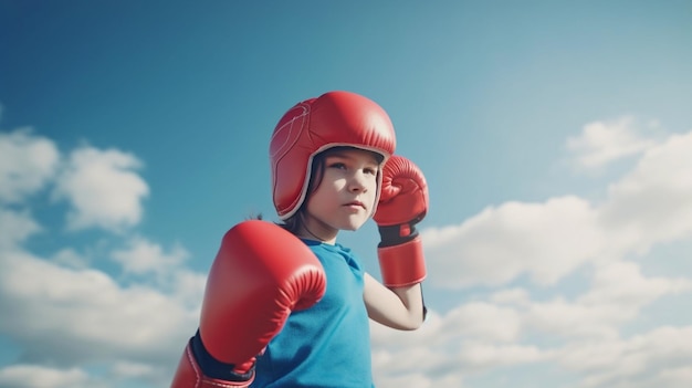Фото Ребенок-супергерой в боксёрских перчатках на фоне голубого неба концепция женской силы и феминизма генеративный ии