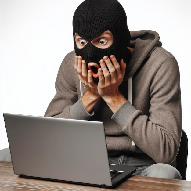 A surprised man in a black robber mask sits with a laptop isolated on a white background