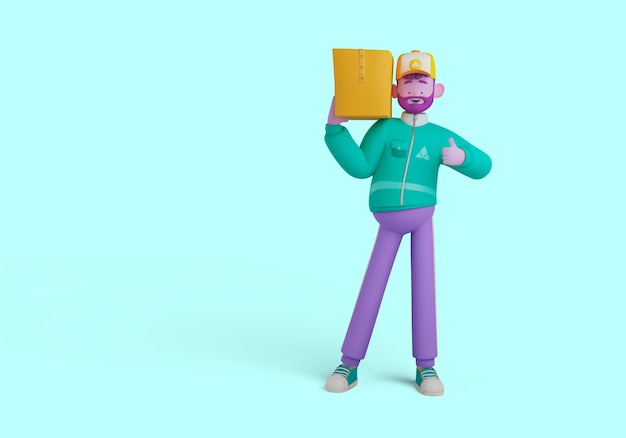 PSD 3d иллюстрация персонажа доставщика, держащего коробку и показывающего большой палец вверх
