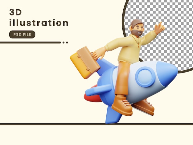 PSD 3d illustration of businessman flying on business rocket