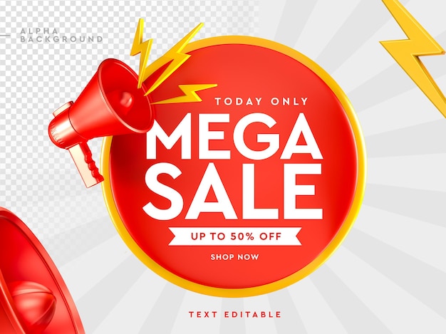 PSD 3d mega sale logo with megaphone in 3d rendering