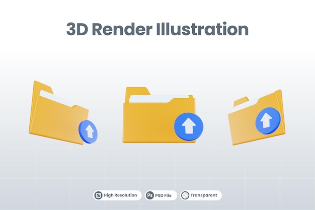 PSD 주황색 파일 폴더 및 파란색 업로드가 있는 3d 렌더링 폴더 업로드 아이콘