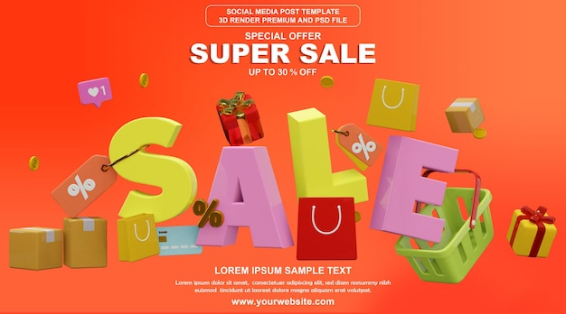 PSD 3d render super sale with special offer in shopping day, psd premium