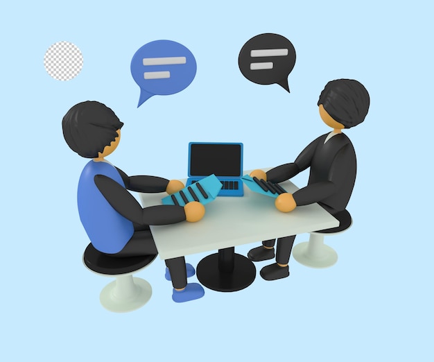 PSD мультфильм о двух людях, сидящих за столом со словом «равный» на экране.